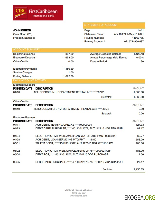 Relevé bancaire de la FirstCaribbean International Bank des Bahamas